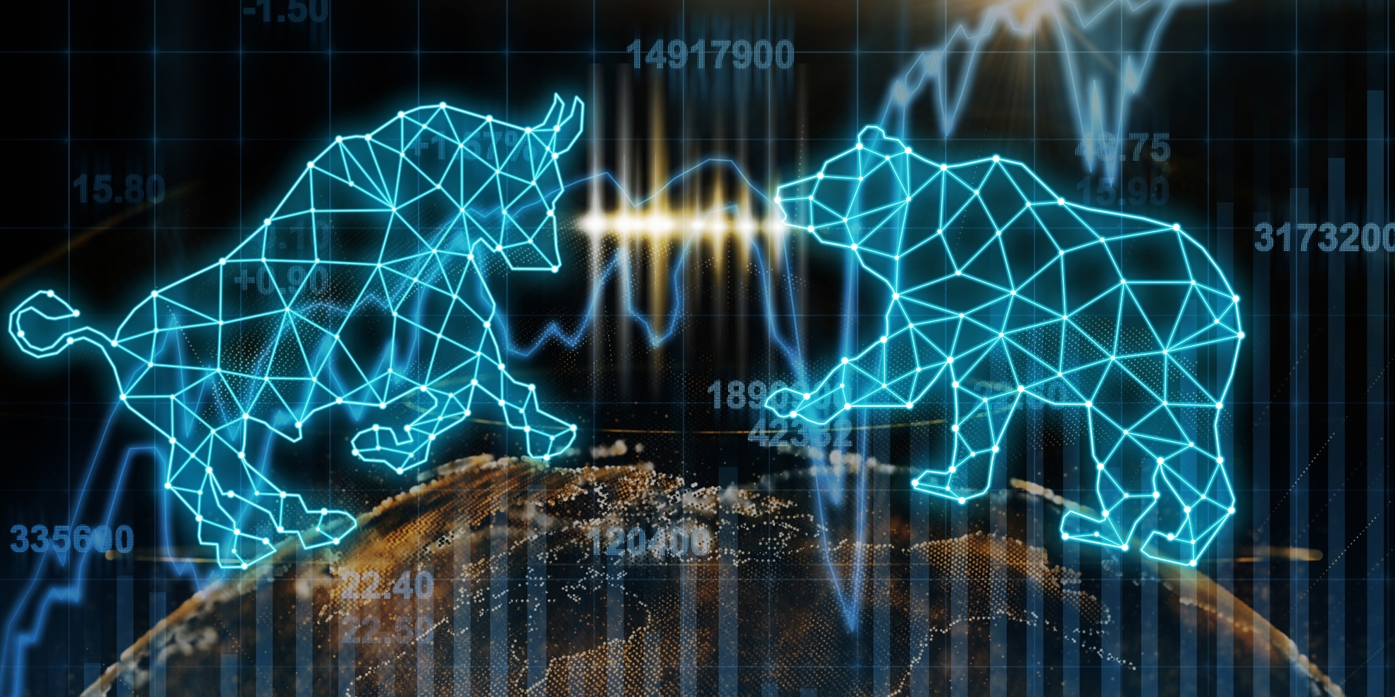 digital image of bear and bull with markets background